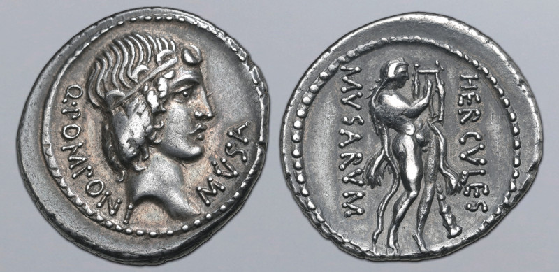 Q. Pomponius Musa AR Denarius. Rome, 66 BC. Diademed head of Apollo to right; Q•...