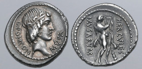 Q. Pomponius Musa AR Denarius. Rome, 66 BC. Diademed head of Apollo to right; Q•POMPONI downwards behind, MVSA upwards before / Hercules standing to r...