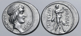 Q. Pomponius Musa AR Denarius. Rome, 66 BC. Diademed head of Apollo to right; Q•POMPONI downwards behind, MVSA upwards before / Hercules standing to r...