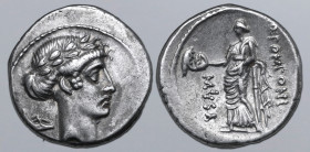 Q. Pomponius Musa AR Denarius. Rome, 66 BC. Laureate head of Apollo to right; sandal behind / Thalia, the Muse of Comedy and Idyllic Poetry, standing ...