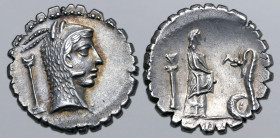 L. Roscius Fabatus AR Serrate Denarius. Rome, 64 BC. Head of Juno Sospita to right, wearing goat-skin headdress; column surmounted by crescent (contro...