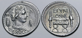 L. Furius Brocchus AR Denarius. Rome, 63 BC. Wreathed and draped bust of Ceres to right; wheat-ear behind, barley grain before, III - VIR across upper...