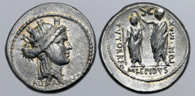 M. Aemilius Lepidus AR Denarius. Rome, 61 BC. Turreted head of Alexandria to right, ALEXANDREA below / Lepidus standing to left, crowning Ptolemy V, s...