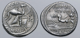 M. Aemilius Scaurus and P. Plautius Hypsaeus AR Denarius. Rome, 58 BC. Kneeling figure to right (King Aretas of Nabataea), holding olive branch and re...