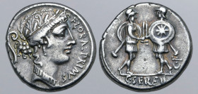 C. Servilius C. f. AR Denarius. Rome, 57 BC. Head of Flora to right, wearing flower-wreath; FLORAL•PRIMVS (partially ligate) before, lituus behind / T...