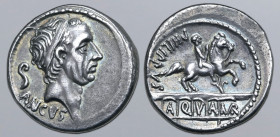 L. Marcius Philippus AR Denarius. Rome, 56 BC. Head of Ancus Marcius to right, wearing diadem; lituus behind, ANCVS below / Aqueduct on which stands e...