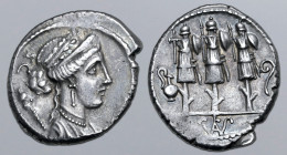 Faustus Cornelius Sulla AR Denarius. Rome, 56 BC. Laureate, diademed and draped bust of Venus to right; S•C and sceptre behind / Three military trophi...