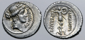 C. Memmius C. f. AR Denarius. Rome, 56 BC. Head of Ceres to right, wearing wreath of grain ears; C•MEMMI•C•F downwards before / Captive, hands tied be...