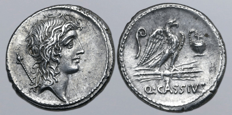 Q. Cassius Longinus AR Denarius. Rome, 55 BC. Head of Genius Populi Romani to ri...