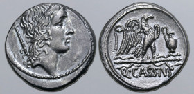 Q. Cassius Longinus AR Denarius. Rome, 55 BC. Head of Genius Populi Romani to right; sceptre behind / Eagle standing to right on winged thunderbolt; l...