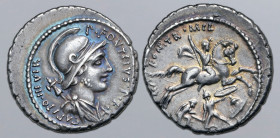 P. Fonteius P. f. Capito AR Denarius. Rome, 55 BC. Helmeted and draped bust of Mars to right; trophy behind, P•FONTEIVS•P•F•CAPITO•III•VIR around / Wa...