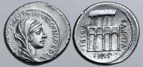 P. Fonteius P. f. Capito AR Denarius. Rome, 55 BC. [P•FO]NTEIVS•CAPITO•III•VIR•CONCORDIA, diademed, veiled and draped head of Concordia to right / Vil...