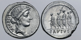 Q. Servilius Caepio (M. Junius) Brutus AR Denarius. Rome, 54 BC. Bust of Libertas to right; LIBERTAS downward behind / Consul L. Junius Brutus, betwee...