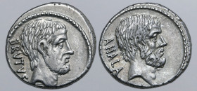 Q. Servilius Caepio (M. Junius) Brutus AR Denarius. Rome, 54 BC. Bare head of L. Junius Brutus to right; BRVTVS downwards behind / Bare head of C. Ser...