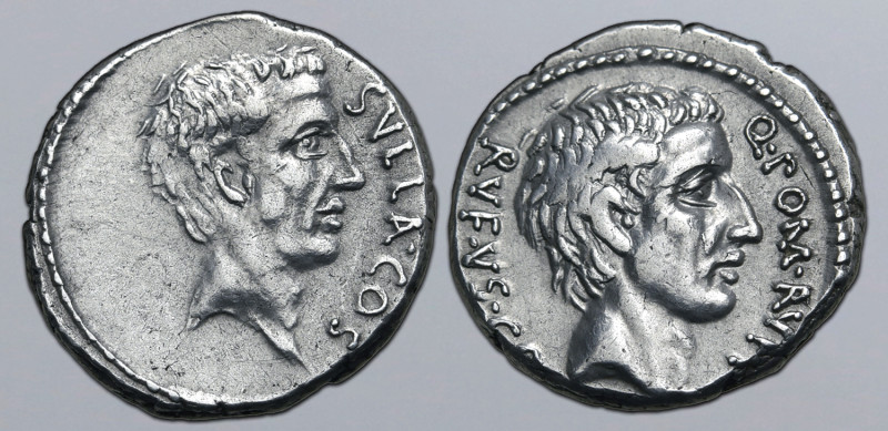 Q. Pompeius Rufus AR Denarius. Rome, 54 BC. Head of Sulla to right; SVLLA•COS do...