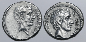 Q. Pompeius Rufus AR Denarius. Rome, 54 BC. Head of Sulla to right; SVLLA•COS downwards before / Head of Q. Pompeius Rufus to right; Q•POM•RVFI downwa...