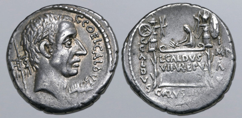 C. Coelius Caldus AR Denarius. Rome, 51 BC. Head of Coelius Caldus to right, C•C...