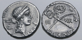 Q. Sicinius AR Denarius. Rome, 49 BC. Diademed head of Fortuna to right; P•R upwards behind, FORT before / Palm-branch and caduceus in saltire, laurel...