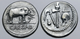 Julius Caesar AR Denarius. Military mint travelling with Caesar, 49-48 BC. Elephant advancing to right, trampling on serpent; CAESAR in exergue / Embl...