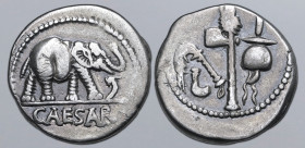 Julius Caesar AR Denarius. Military mint travelling with Caesar, 49-48 BC. Elephant advancing to right, trampling on serpent; CAESAR in exergue / Embl...