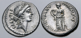 Man. Acilius Glabrio AR Denarius. Rome, 49 BC. Laureate head of Salus to right; SALVTIS upwards behind / Valetudo standing to left, resting elbow on c...