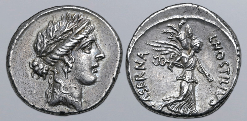 L. Hostilius Saserna AR Denarius. Rome, 48 BC. Diademed female head to right, we...