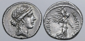 L. Hostilius Saserna AR Denarius. Rome, 48 BC. Diademed female head to right, wearing oak wreath / Victory walking to right, holding trophy, palm and ...