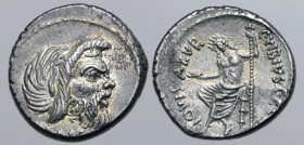 C. Vibius C. f. C. n. Pansa Caetronianus AR Denarius. Rome, 48 BC. Mask of bearded Pan to right; [PANSA below] / Jupiter Axurus (or Anxurus) seated to...