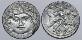 L. Plautius Plancus AR Denarius. Rome, 47 BC. Mask of Medusa facing; L•PLAVTI below / Aurora flying to right, head slightly to left, holding palm bran...