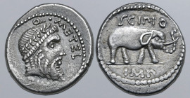 Q. Caecilius Metellus Pius Scipio AR Denarius. Military mint travelling with Scipio in Africa, 47-46 BC. Laureate head of Jupiter to right, in archaic...