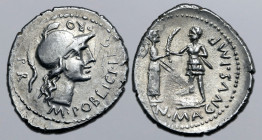 Cnaeus Pompey Junior AR Denarius. Corduba (Cordoba) mint, summer 46 - spring 45 BC. M. Poblicius, legate pro praetore. Helmeted head of Roma to right;...