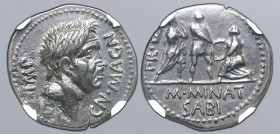 Cnaeus Pompeius Magnus AR Denarius. M. Minatius Sabinus, proquaestor. Corduba 46-45 BC. CN•MAGN IMP, bare head of imperator to right / Corduba city-go...