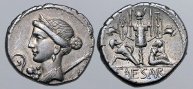 Julius Caesar AR Denarius. Military mint travelling with Caesar in Spain, 46-45 BC. Draped bust of Venus to left, wearing stephane; small Cupid at poi...