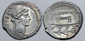Lollius Palikanus AR Denarius. Rome, 45 BC. Head of Libertas to right, wearing pearl diadem, cruciform earring, pearl necklace, hair collected into a ...