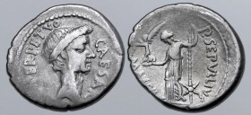 Julius Caesar AR Denarius. Rome, January-February 44 BC. P. Sepullius Macer, moneyer. CAESAR [DICT P]ERPETVO, wreathed head of Caesar to right / P•SEP...