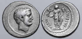 Marc Antony AR Denarius. Rome, 42 BC. C. Vibius Varus, moneyer. Bare head to right / C•VIBIVS VARVS, Fortuna standing to left, holding Victory and cor...