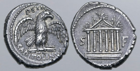 Petillius Capitolinus AR Denarius. Rome, 43 BC. Eagle, with wings spread, standing facing, head to right, on thunderbolt; PETIL[LIVS] CAPITOLINVS arou...