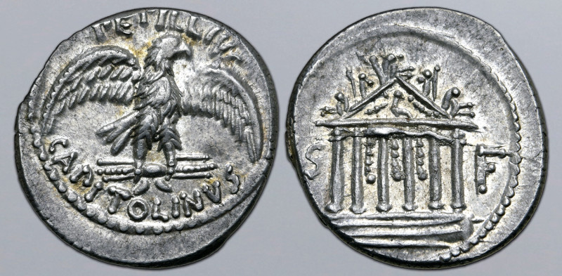 Petillius Capitolinus AR Denarius. Rome, 43 BC. Eagle, with wings spread, standi...