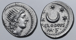 P. Clodius M. f. Turrinus AR Denarius. Rome, 42 BC. Radiate head of Sol to right; quiver with top and strap behind / Crescent moon surrounded by semic...