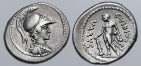 C. Vibius Varus AR Denarius. Rome, 42 BC. Bust of Minerva to right, wearing crested Corinthian helmet and aegis / Hercules standing to left, resting h...