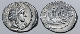 L. Mussidius Longus AR Denarius. Rome, 42 BC. Diademed and veiled head of Concordia right; star below chin, CONCORDIA behind / L•MVSSIDIVS•LONGVS, shr...