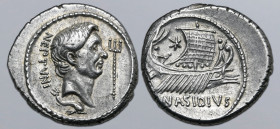 Sextus Pompey AR Denarius. Q. Nasidius, commander of the fleet. Massilia, 44-43 BC. Bare head of Pompey Magnus to right; NEPTVNI behind, trident befor...
