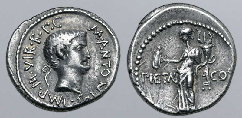 Marc Antony AR Denarius. Military mint moving with Antony, 41 BC. Bare head to r...