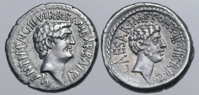 Marc Antony and Octavian AR Denarius. Military mint moving with Antony, Ephesus, spring-early summer 41 BC. M. Barbatius Pollio, Quaestor Pro Praetore...