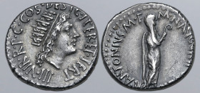 Marc Antony AR Denarius. Athens, 38-37 BC. III•VIR•R•P•C•COS•DESIG•ITER•ET•TERT, radiate bust of Sol to right / M•ANTONIVS•M•F•M•N•AVG[VR•IMP•TER], An...