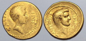 Marc Antony and Octavian AV Aureus. Military mint moving with Octavian, Gaul, 39 BC. Head of Octavian to right; behind CAESA[R] upwards, before IMP do...