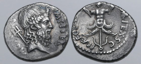 Sextus Pompey AR Denarius. Uncertain mint in Sicily (Catania?), 42-40 BC. MAG [PIV]S IMP ITER (partially ligate), diademed and bearded head of Neptune...