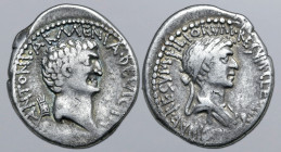 Cleopatra and Marc Antony AR Denarius. Uncertain Eastern mint, autumn 34 BC. CLEOPATRAE•REGINAE•REGVM•FILIORVM•REGVM•, diademed and draped bust of Cle...