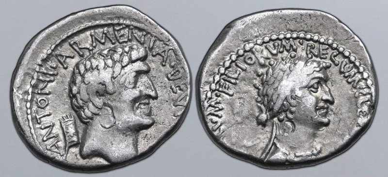 Cleopatra and Marc Antony AR Denarius. Uncertain Eastern mint, autumn 34 BC. CLE...
