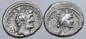 Cleopatra and Marc Antony AR Denarius. Uncertain Eastern mint, autumn 34 BC. CLE[OPATRAE•REGINAE•RE]GVM•FILIORVM•REGVM•, diademed and draped bust of C...